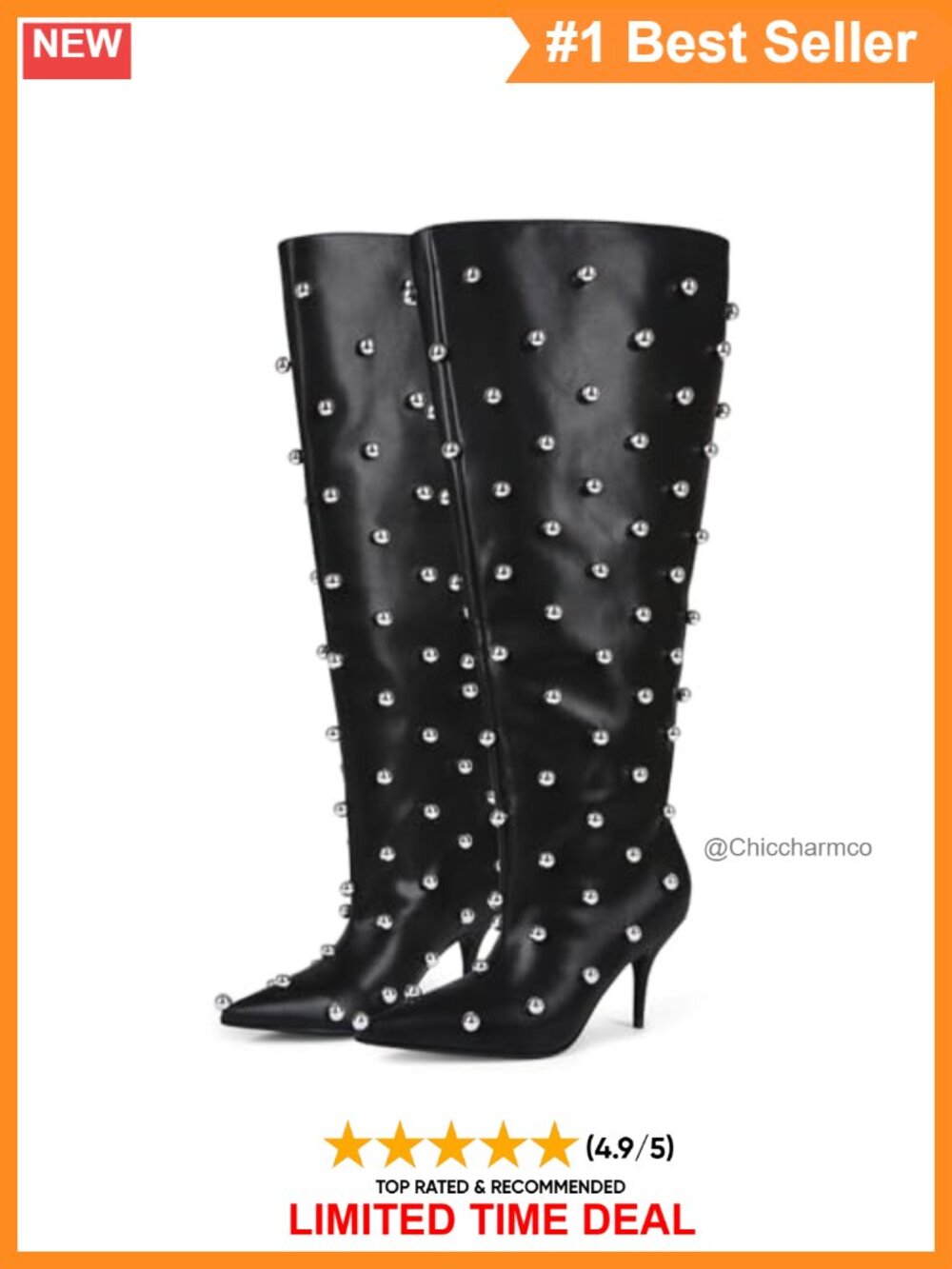 Wide Calf Knee High Boots 3.4 Inch Stiletto Heels Pointed Toe Studded Y2K